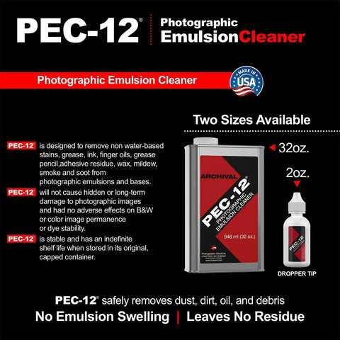Image of PEC-12 Photographic Emulsion Cleaner with 32 oz and 2 oz sizes, highlighting features like residue-free cleaning.