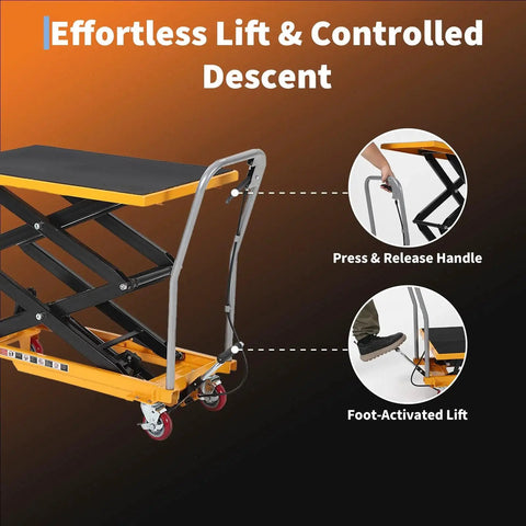 Durable Hydraulic Lift Table Cart 770 Lb Capacity 50.7 Inch Lift With Wheels, showing press handle and foot-activated lift.