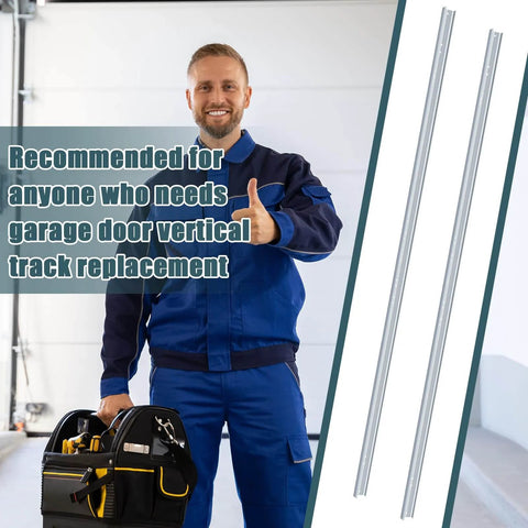 Image of 2 Pack Heavy Duty Vertical Garage Door Track Replacement Rails For 7 Foot Tall Doors Left And Right Side Tracks Galvanized Steel Hardware 2 Inch Roller Compatible Includes Brackets Silver Finish alongside a smiling technician.