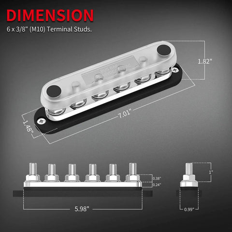 Diagram of Beefy 300 Amp Bus Bar Terminal Block With Cover For Marine And Automotive Power Distribution, 12V System, Six M10 Terminal Studs.