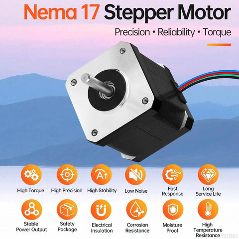 High Torque Nema 17 Stepper Motor 2 Phase 1.8 Deg Bipolar 0.6Nm Holding Torque with labeled features against mountain backdrop