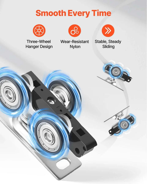 "Image showing close-up of nylon three-wheel hanger design for Dual Track Bypass Sliding Door Hardware Kit For Closet Doors, 5 Ft Aluminum Alloy System, Smooth And Quiet Operation."