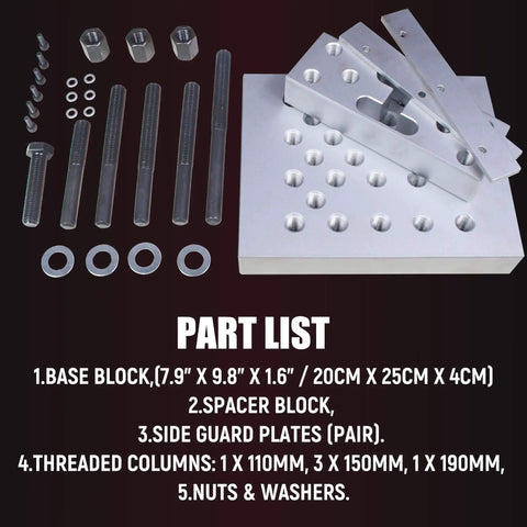 Pro Grade Heavy Duty Universal Drill Press Support Block Plate Tool Kit For 30 Ton Bearing And Bushing Repair Removal Installation For Auto Maintenance And DIY Car Projects part list with components including base block, spacer block, and threaded columns.