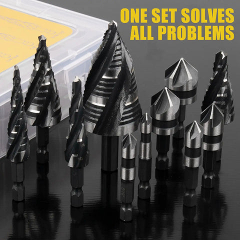 Five Piece Four Spiral Flute Step Drill Bit Set And Six Countersink Bits With Tool Box By Cleverool displayed on dark background.