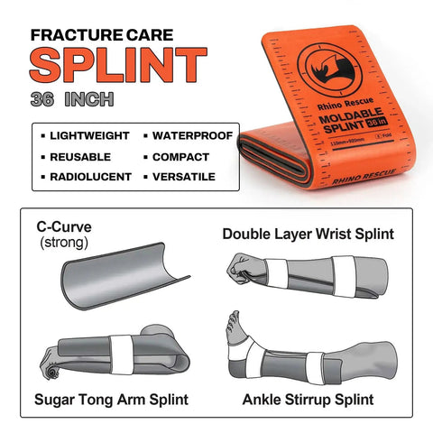 Emergency First Aid Splint For Fracture Stabilization Field Ready 36 Inch By 4.3 Inch Orange Gray with aluminum core and foam, shown folded with examples of use as arm and ankle splints.