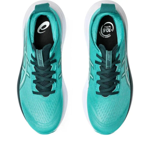Top view of Gel Nimbus 27 Men's Running Shoes Size 9.5 Wave Teal Saxon Green Ultra Cushioned Ride With Engineered Jacquard Mesh Upper Eco Friendly Materials From 75 Percent Recycled Content And Solution Dyed Sockliner For Lower Water Use