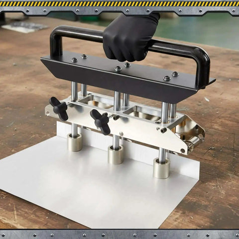 Three Station Edge Roller Bender for Standing Seam Roofing in use with metal sheet, pro-grade metal roof bending tool for 0 to 90 degrees.