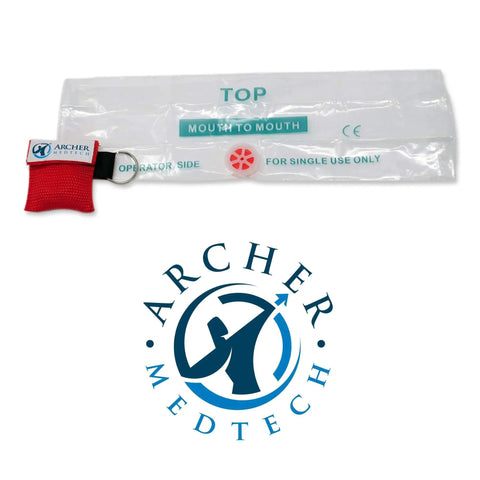Grab And Go Pocket CPR Mask Kit With One Way Valve For Keychain display with red pouch and Archer MedTech logo