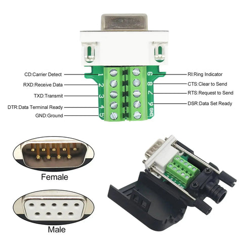 DB9 Solderless Breakout Connector Set - RS232 D-Sub 9-Pin Male and Female Adapters with labeled terminals visible.