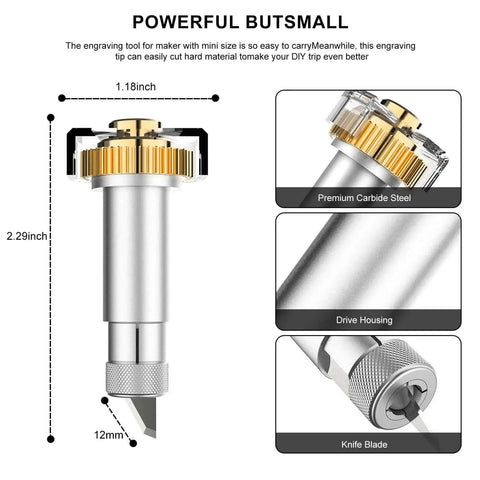 Diagram of German Tungsten Carbide Knife Blade 12 mm with drive housing and silicone cover for Maker 3 and Maker 4 laser cutter
