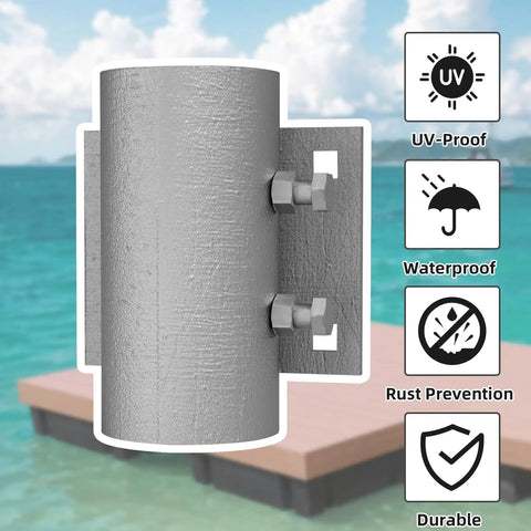 Heavy Duty Dock Pipe Leg Holder For Floating Docks With A 3 Inch Inner Diameter Side Leg Sleeve Six By Five Multi Anchoring Leg Holder With Half Inch Holes 6mm Thick Galvanized Steel No Carriage Bolts Included close-up view showing galvanized steel material against a water backdrop.