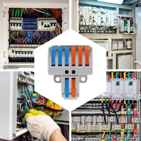 10 Pack Lever Wire Connectors 2 In 6 Out Quick Wiring Cable Connectors for Splicing Wires installed in electrical panels.