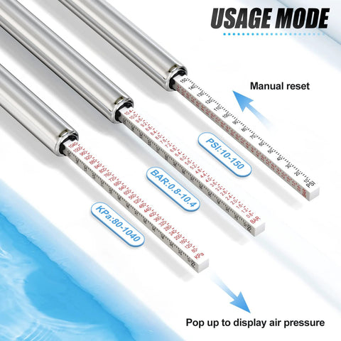 Meanlin Measure silver dual-head tire pressure gauge set, 10 pcs, 10–150 psi range.