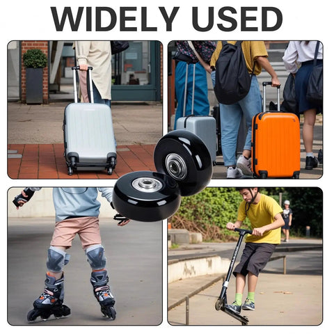 Set Of 8 Luggage Replacement Wheels With 50mm Rubber Swivel Casters For Suitcases And Travel Trolleys displayed with suitcases and scooters.