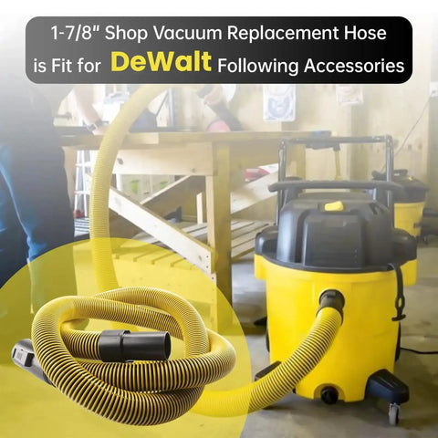 Direct Replacement Wet Dry Vacuum Hose 1 7 Eighth Inch By 7 Foot For DeWalt Systems attached to vacuum in workshop
