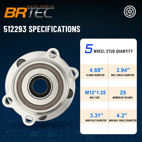 Rear Wheel Hub And Bearing Assembly For Subaru Legacy And Outback 2005-2009 With ABS Encoder, 5 Lug, OE 512293 Replacement, specifications shown