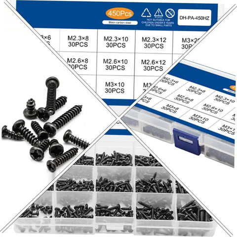450 Piece Black PA Cross Head Round Self Tapping Screws Kit For Electronics And Furniture Repairs Miniature Screws Set