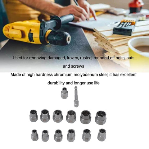 14-Piece Screw And Nut Extractor Set Chrome Molybdenum Steel Heavy Duty Workhorse Easy Out Tools with drill and fasteners