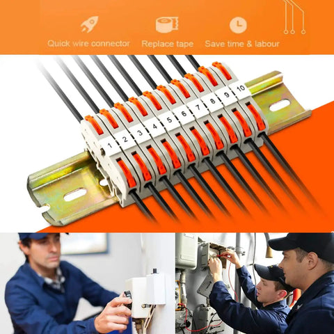 Must Have DIN Rail Terminal Blocks Kit With 20 Universal Compact Connectors 2 Connection Bars 2 Marker Strips 2 End Blocks 20 Screws And Transparent Storage Box For 28 12 AWG Wiring Do It Yourself Pro Grade Electrical Setup showing compact connectors in use on rail.