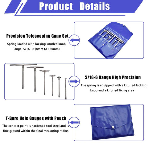 Six Piece Precision Telescoping Gage Set Five Sixteenths To Six Inches Range High Precision TBore Hole Gauges With Pouch