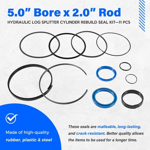 Hydraulic Log Splitter Cylinder Rebuild Seal Kit For 5.0 Inch Bore And 2.0 Inch Rod, Complete O Ring And Seal Set, 11 Pcs