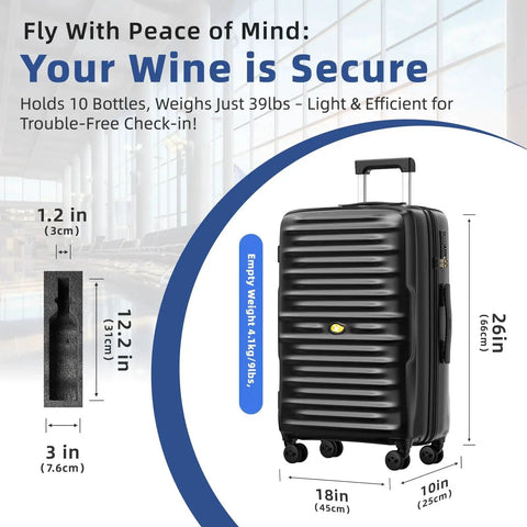 Wine Lovers 10 Bottle Travel Case With TSA Lock And Silent Spinner Wheels Durable Black Luggage With Removable Inserts