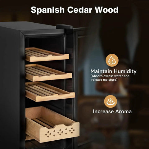 Open 35L Temperature And Humidity Controlled Cooler Cabinet with Spanish cedar shelves, safety lock, digital panel for easy monitoring.