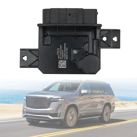 Fuel Pump Control Module For 2021-2023 Cadillac Escalade Escalade ESV Chevy shown against a SUV backdrop