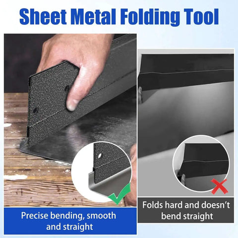 Using a 12 Inch Sheet Metal Bender with Dual Folding Depths 3/8 and 1 Inch for precise metal bending on a workbench.
