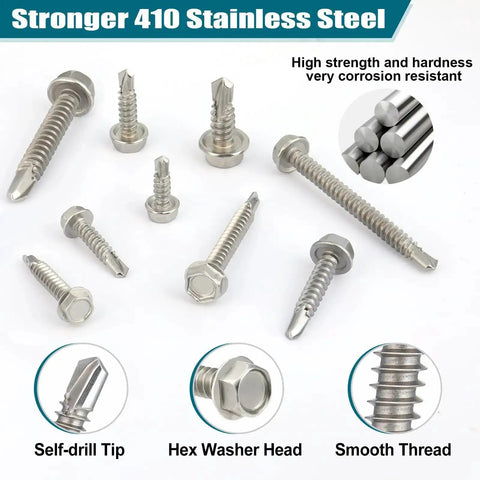Self Drilling Screws Assortment Kit In 410 Stainless Steel, 370 Pieces DIY Friendly Self Tapping Hex Washer Head
