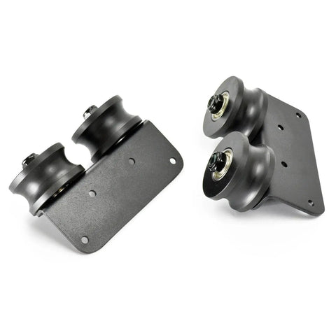 Top rollers close-up for 16Ft Rolling Ladder Hardware Sliding Rail Kit With Top Rollers And Braked Floor Wheels Full Metal Black Set