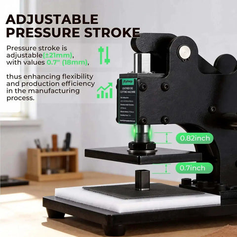 Small Leather Die Cutting Machine With 1 Ton Pressure and 18 Piece Die Set, highlighting adjustable stroke feature on a desk