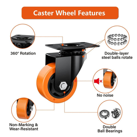 3 Inch Heavy Duty Caster Wheels Set Of 4 In Orange Polyurethane For Industrial Use, swivel top plate with 360° rotation features