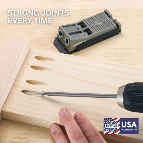 Pocket Hole Jig Kit With Magnetic Quick Adjust Base for Fast Accurate Woodworking Joinery shown with drill and wood.
