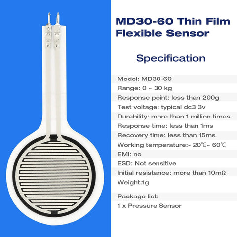 MD30-60 thin-film force sensitive resistor, round white disk with black grid, two metal leads, Amazon brand