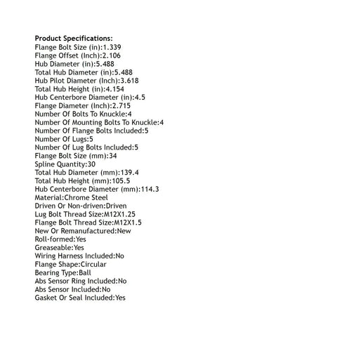 Front Hub Bearing Assembly For 2015 2021 Kia Sedona specifications list, showing flange size, material, and design details.