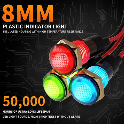 8mm LED indicator lights in red, green, blue with plastic housing, part of 10 Pack 8mm LED Indicator Lights IP67 Waterproof Panel Mount 5V To 24V