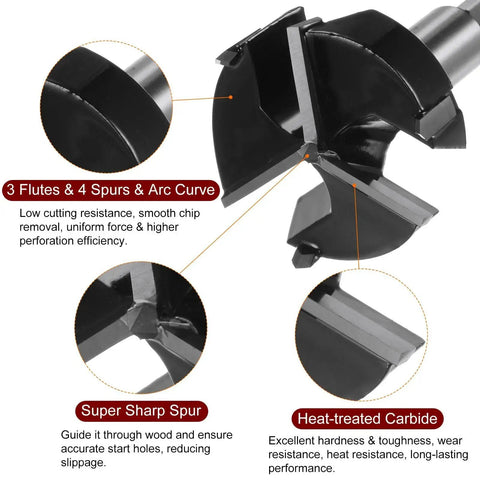 Pro Grade 50mm Forstner Drill Bit with Tungsten Carbide Tips 3 Flutes and 4 Spurs Hex Shank close-up view features