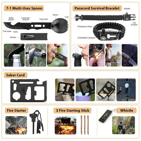 Survival tools from 250 Piece Survival Kit With Molle System Compatible Bag And Emergency Tent, including spoon, bracelet, card, and fire starter.