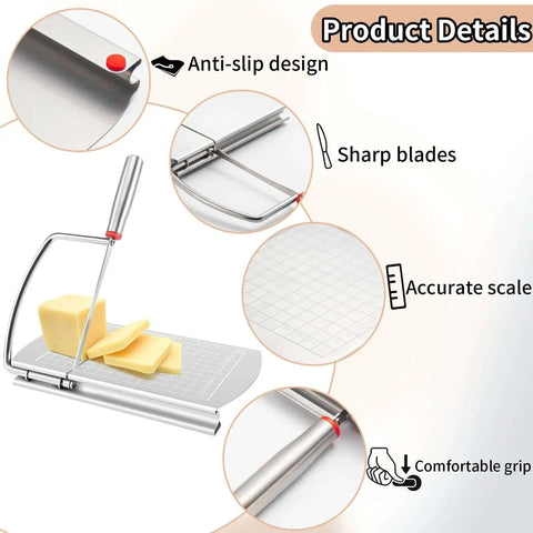 Versatile Stainless Steel Cheese Slicer With Grid Scale And Non Slip Feet For Precise Slices Of Cheese Butter Sausage And Bread A Dope Multipurpose Kitchen Tool Displaying Product Features