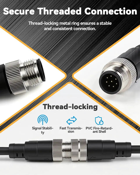 Close-up of 8-Pin M12 A-Coded Connector Cable IP67 Waterproof Extension Wire showing thread-locking design for secure connection