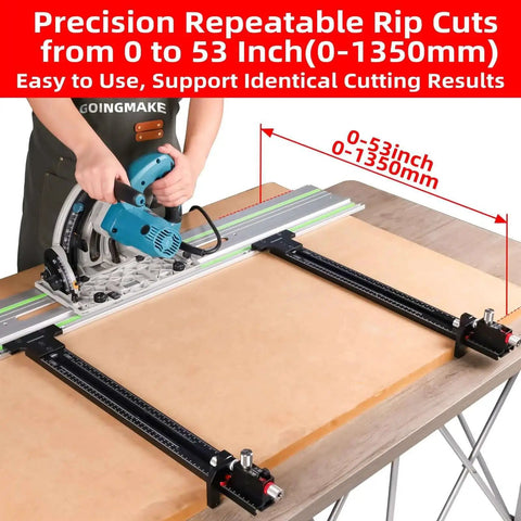 Parallel Guide System For Track Saw With Micro Adjustable Flip Stop And Zero Calibration, Delivers Repeatable Rip Cuts For Woodworking, Compatible With Festool Makita Milwaukee Track Saw Rails, shown installed on a workbench cutting wood.