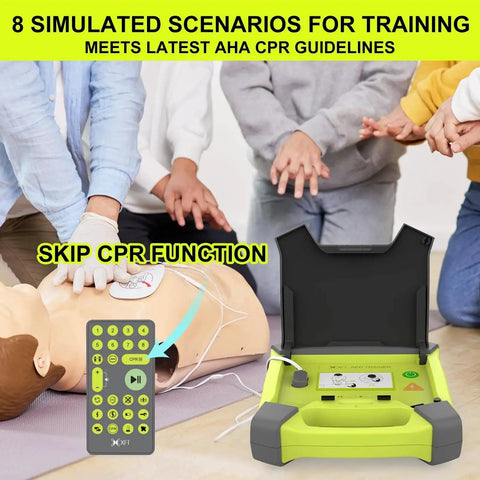 AED Trainer Pro 120GA XFT Defibrillator Simulator for First Aid Training, CPR Kit displayed with mannequin and remote, green color