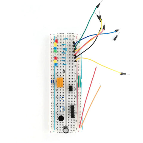 ELOOGAA LED resistor kit on a breadboard; front view shows LEDs, resistors and jumper wires.
