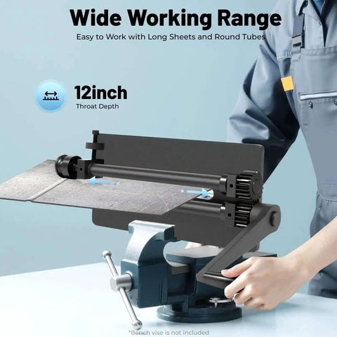 Heavy Duty Gear Driven Sheet Metal Bead Roller Machine with 12 Inch Bench on workbench, human hand adjusting setup