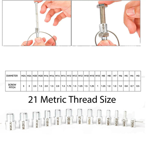 All In One Nut And Bolt Thread Checker With 45 Gauges For Quick Bolt Size And Nut Verification Includes 24 Inch And 21 Metric Sets Rotating Gauges For Fast Thread Matching And Easy Identification Of Standard And Metric Bolts, showing metric thread sizes and screw pitch chart.