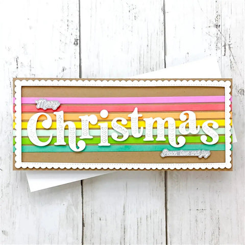 Crafted card with Strip Frame Metal Die Cut Set for Scrapbooking, featuring colorful stripes and 'Merry Christmas' text on wooden background.