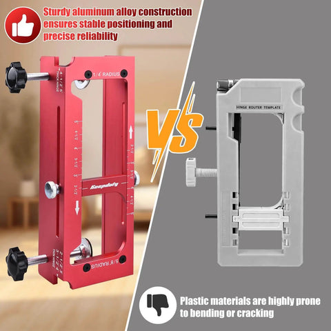 Image comparing Pro Grade Aluminum Alloy Door Hinge Jig For Routers with plastic hinge jig, highlighting precision and stability.