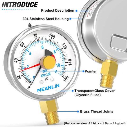 Liquid Filled Pressure Gauge With Reset Pointer 0 To 160 Psi Two And A Half Inch Dial Lower Mount 1 Quarter Inch NPT Stainless Steel WOG