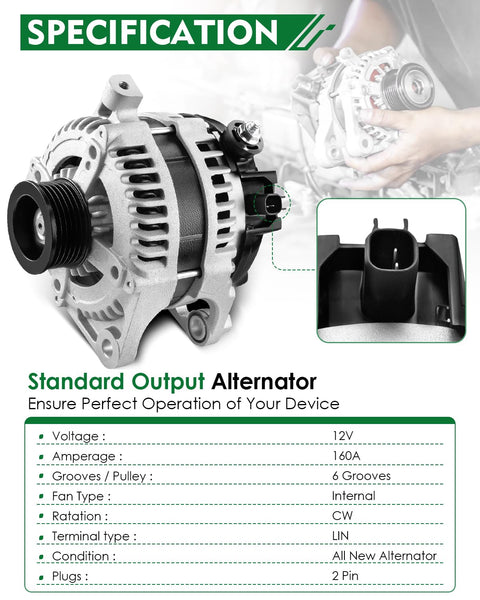 Beefed Up 160 Amp Alternator For Jeep Wrangler 2007 2008 3.8L V6 And Chrysler Town And Country 2008 2009 2010 3.3L 3.8L